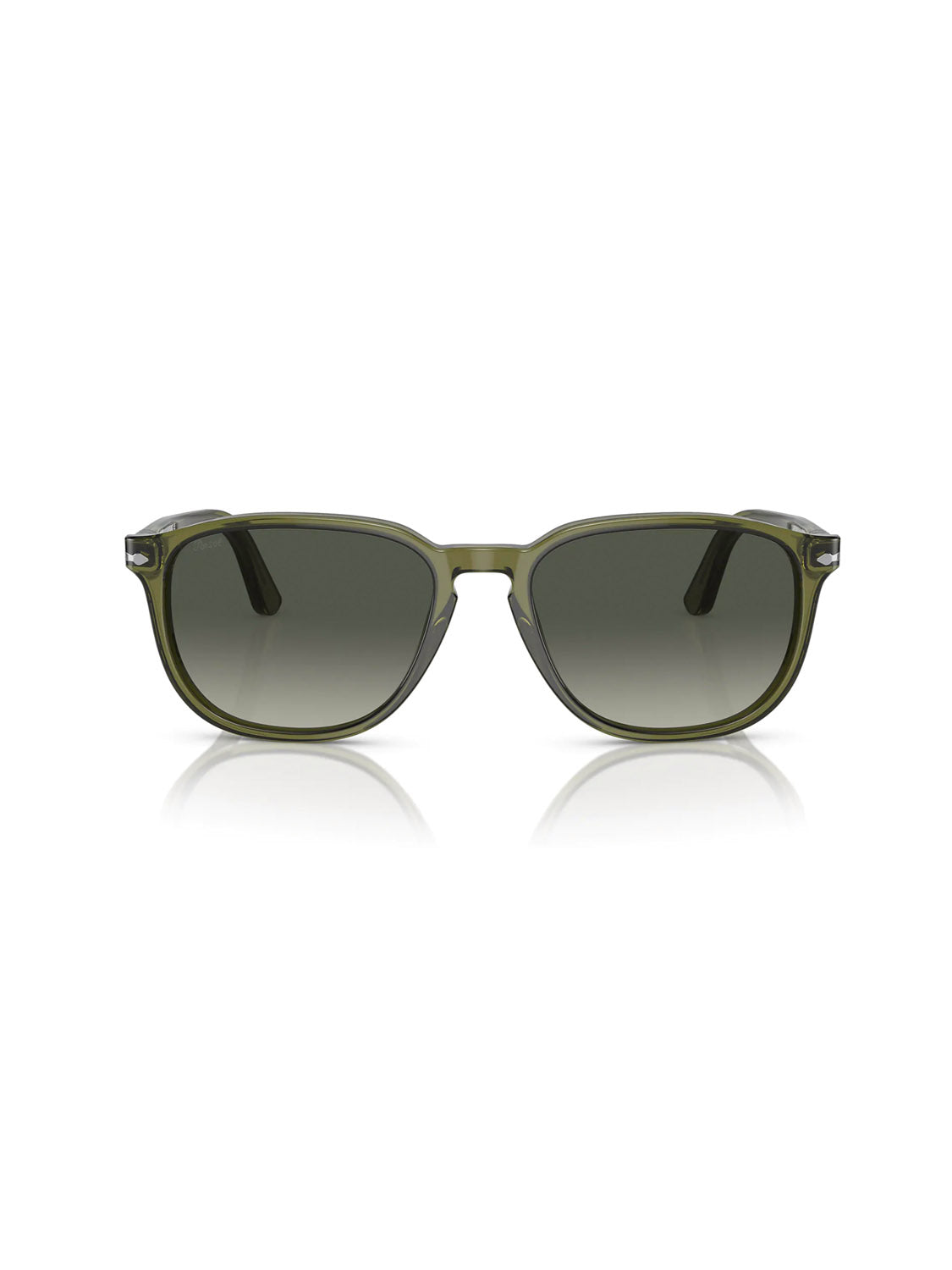 The Persol PO3019 sunglasses feature a green, square-shaped style with an acetate frame and crystal lenses, shown front-facing on a white background.