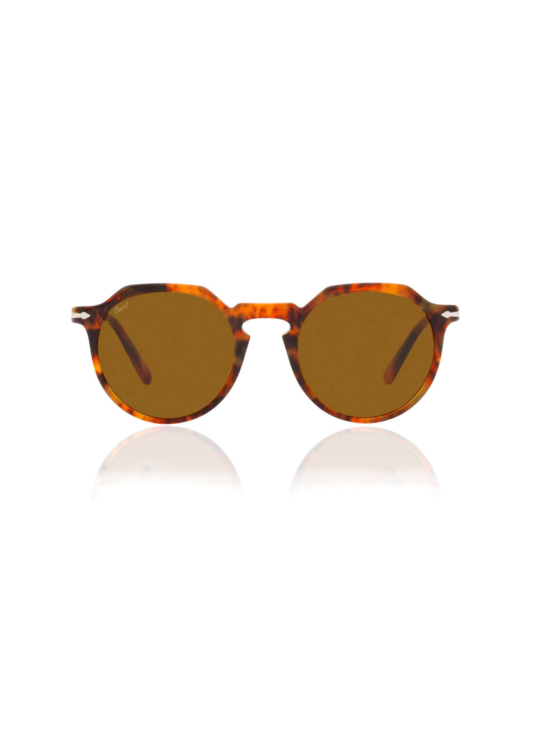 Persol - PO3281 vintage tortoiseshell sunglasses with round brown crystal lenses on a white background.