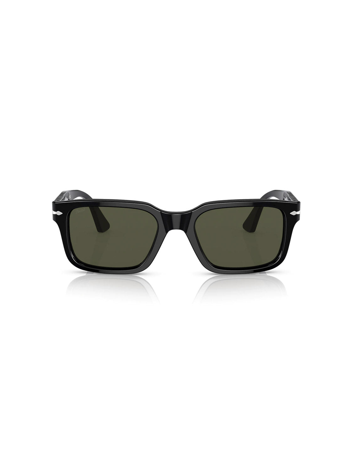 Front view of black rectangular sunglasses, similar to the Persol - PO3272 eyewear, with dark lenses on a plain white background. The frames feature a glossy finish and slightly curved arms, elegantly showcasing the classic D-frame silhouette.