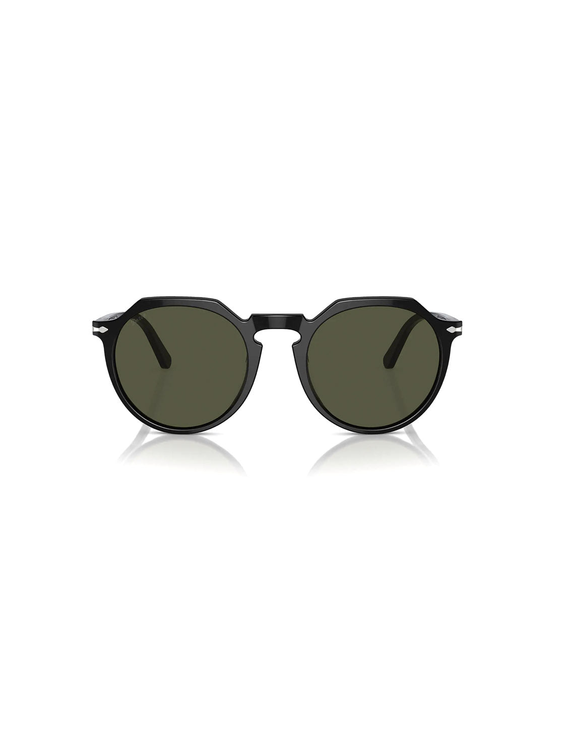 Persols PO3281 round sunglasses feature dark crystal lenses and thin black acetate frames, exuding vintage charm as they rest on a reflective white surface.