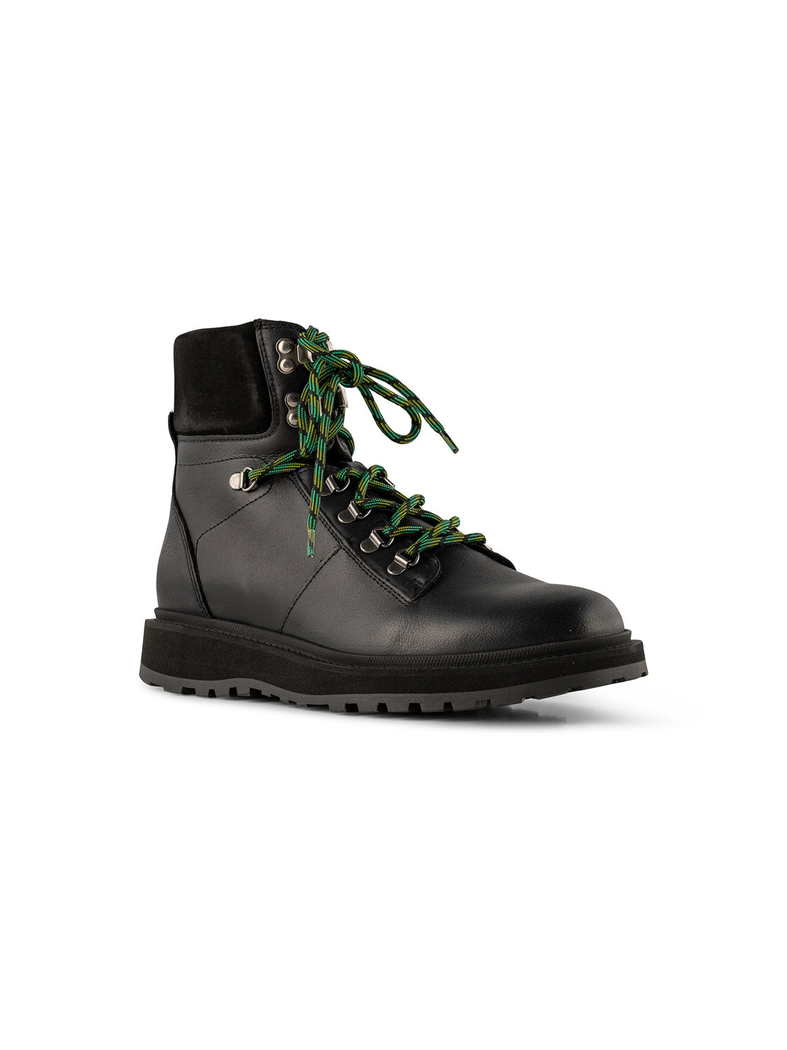 The Kite Hiker Warm Hiking Inspired Boot by Shoe The Bear is a black boot with a sturdy sole, featuring green-and-black laces, metal eyelets, and padded ankle collar made from LWG-waxed leather for durability and comfort, shown at a slight angle.
