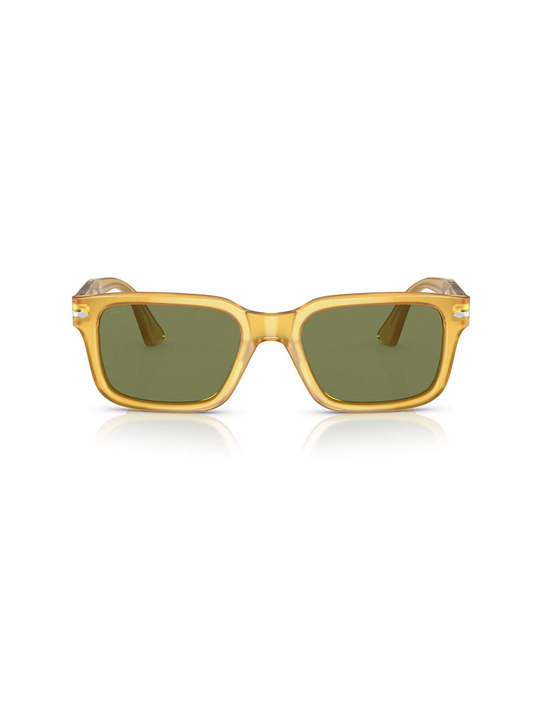 Persols PO3272 sunglasses feature a yellow D-frame silhouette with green-tinted lenses, showcased from the front on a white background.