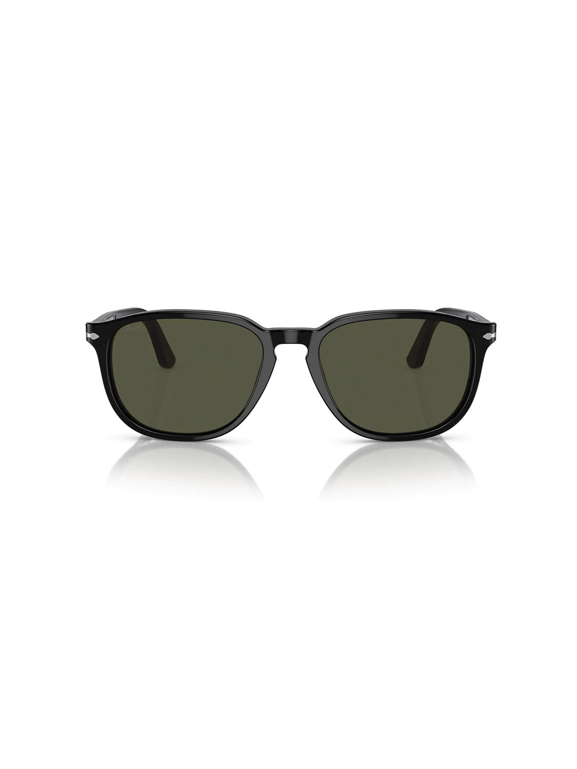 A pair of Persol PO3019 black sunglasses with dark lenses lies on a white background. These shades feature a classic rectangular shape, glossy finish, and Crystal Lens Acetate Frame for enhanced durability.