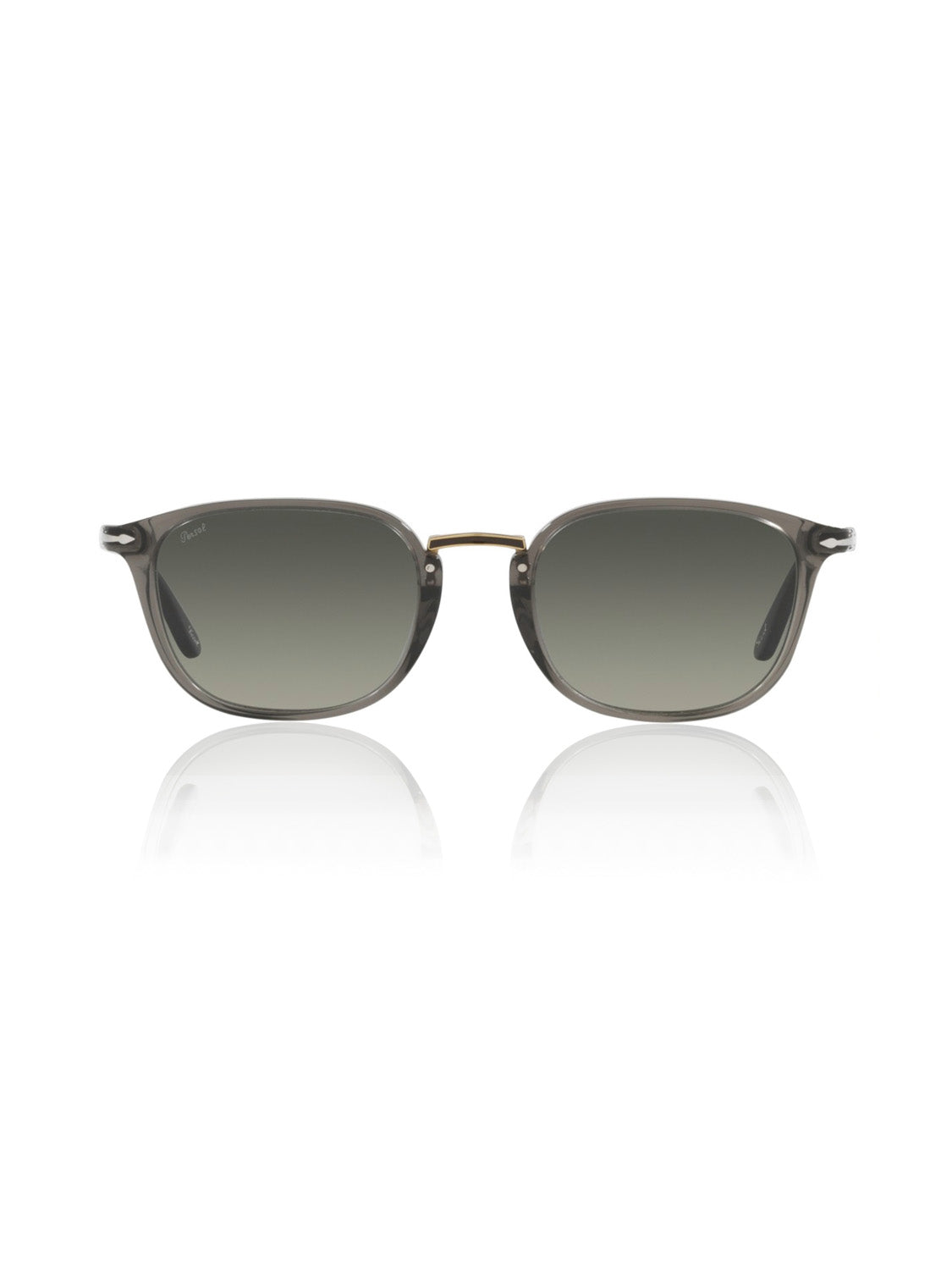 Front view of Persol - PO3186 sunglasses with dark gray crystal acetate frame, gradient tinted lenses, and subtle metallic detail on the top bar. Features include Meflecto system for comfort and slightly reflective lenses, set against a white background.