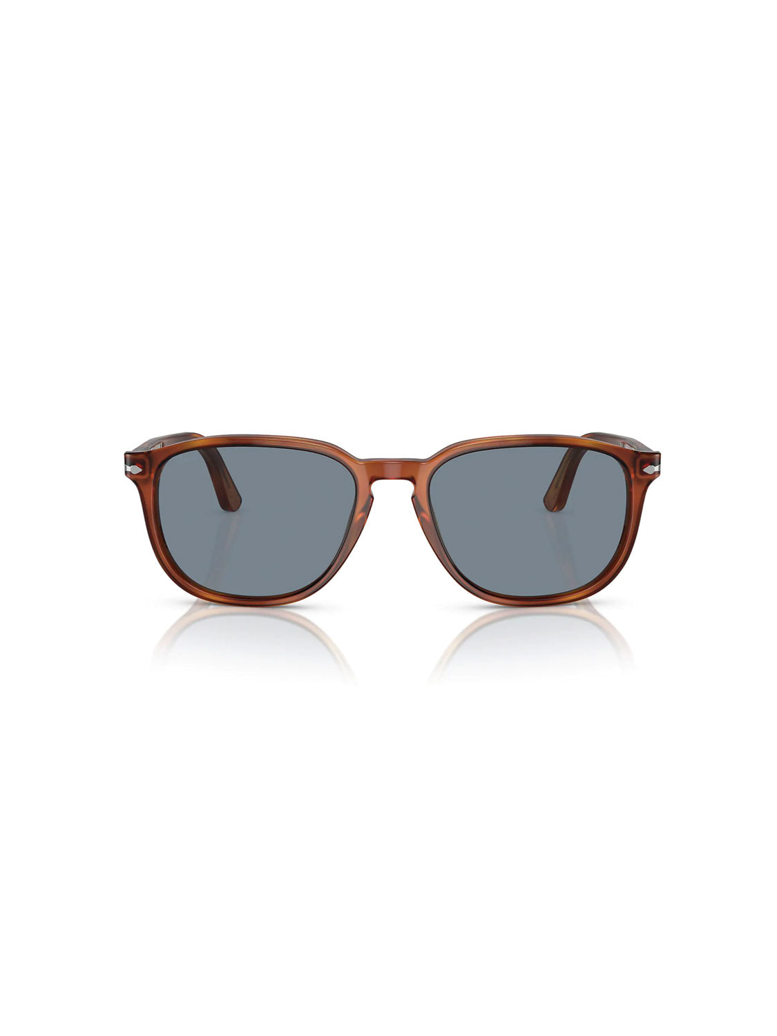 The Persol - PO3019 sunglasses by Persol feature a classic square-shaped frame with Crystal Lens Acetate in brown and dark lenses. A reflective white surface beneath and slightly curved edges add to their distinct style.