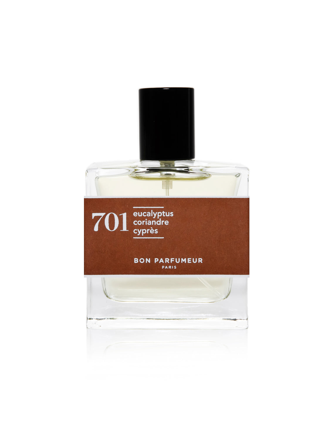 Bon Parfumeur - 701 is a cruelty-free French perfume in a clear glass bottle with a black cap, brown label, and white text. It features eucalyptus, coriander, and cypress notes for an elegantly fragrant conscience.