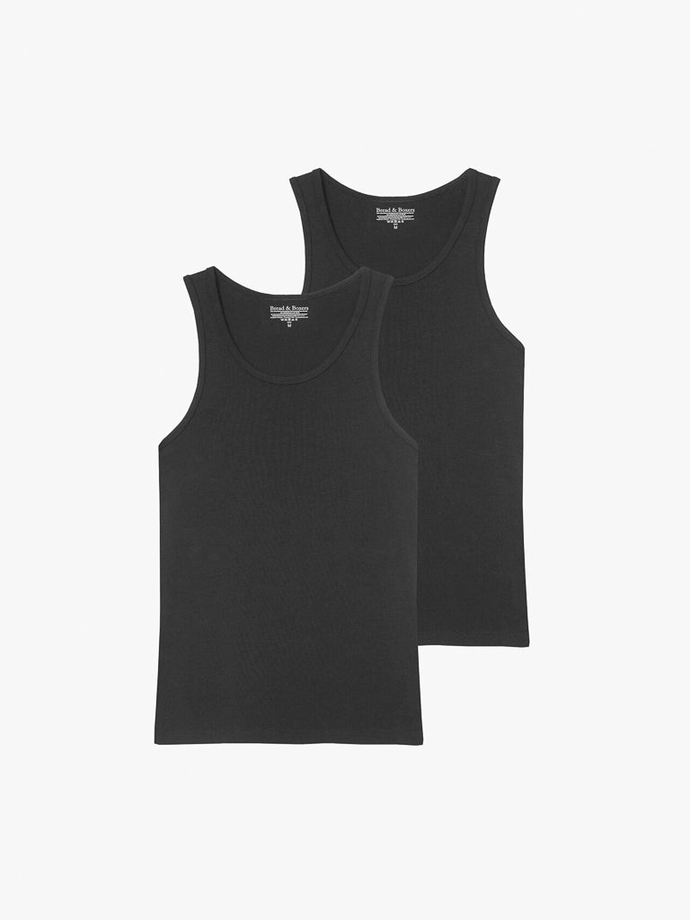 The Bread & Boxer 2 Pack Tank Top Cotton Stretch features two black tank tops in a slim fit, artfully stacked on a white background, ideal as base layers for any outfit.