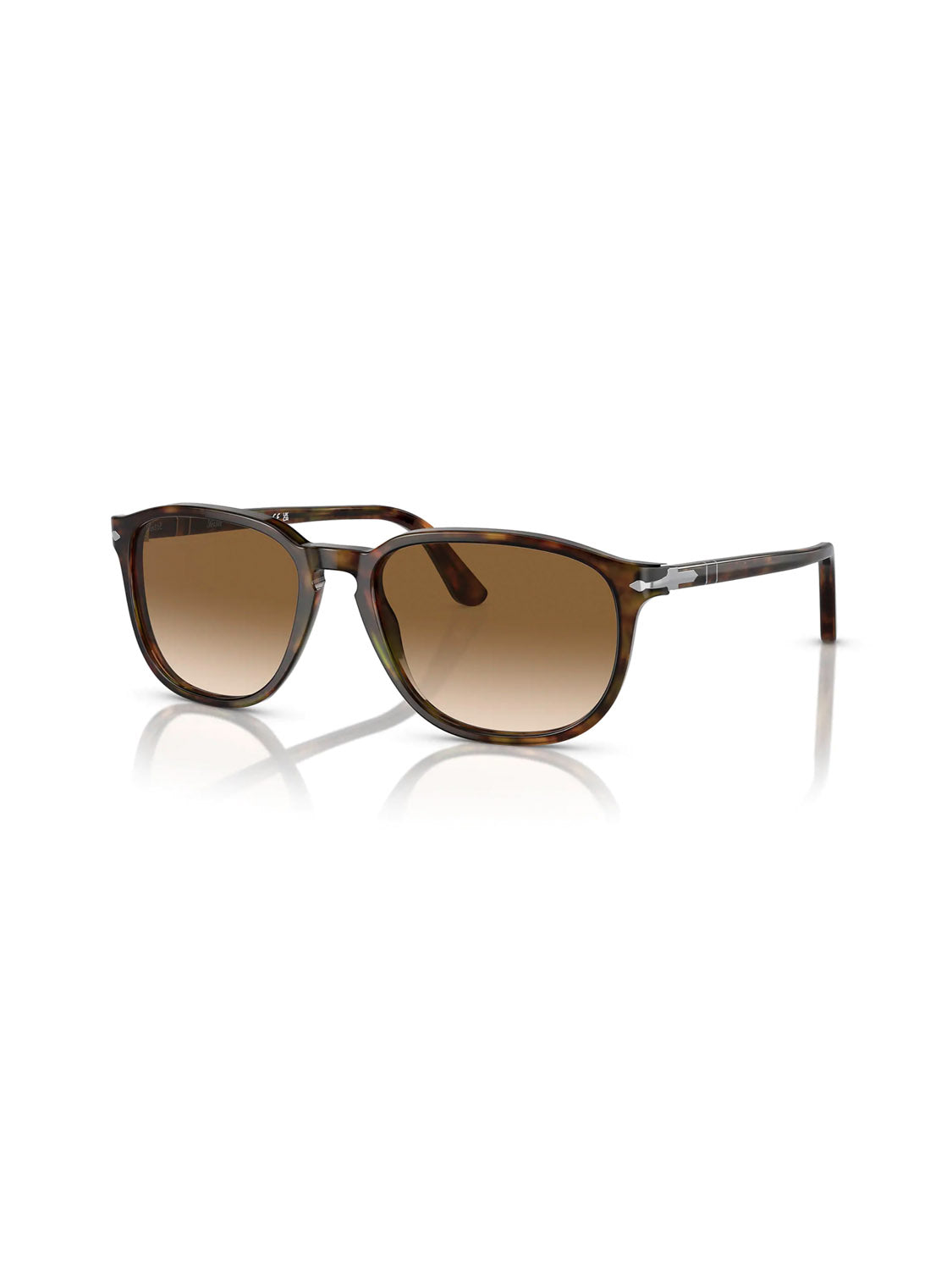 The Persol PO3019 sunglasses feature a brown tortoiseshell, square-shaped style, gradient brown lenses, and thin arms. Crafted with a Crystal Lens Acetate Frame, these stylish sunglasses elegantly rest on a white reflective surface.