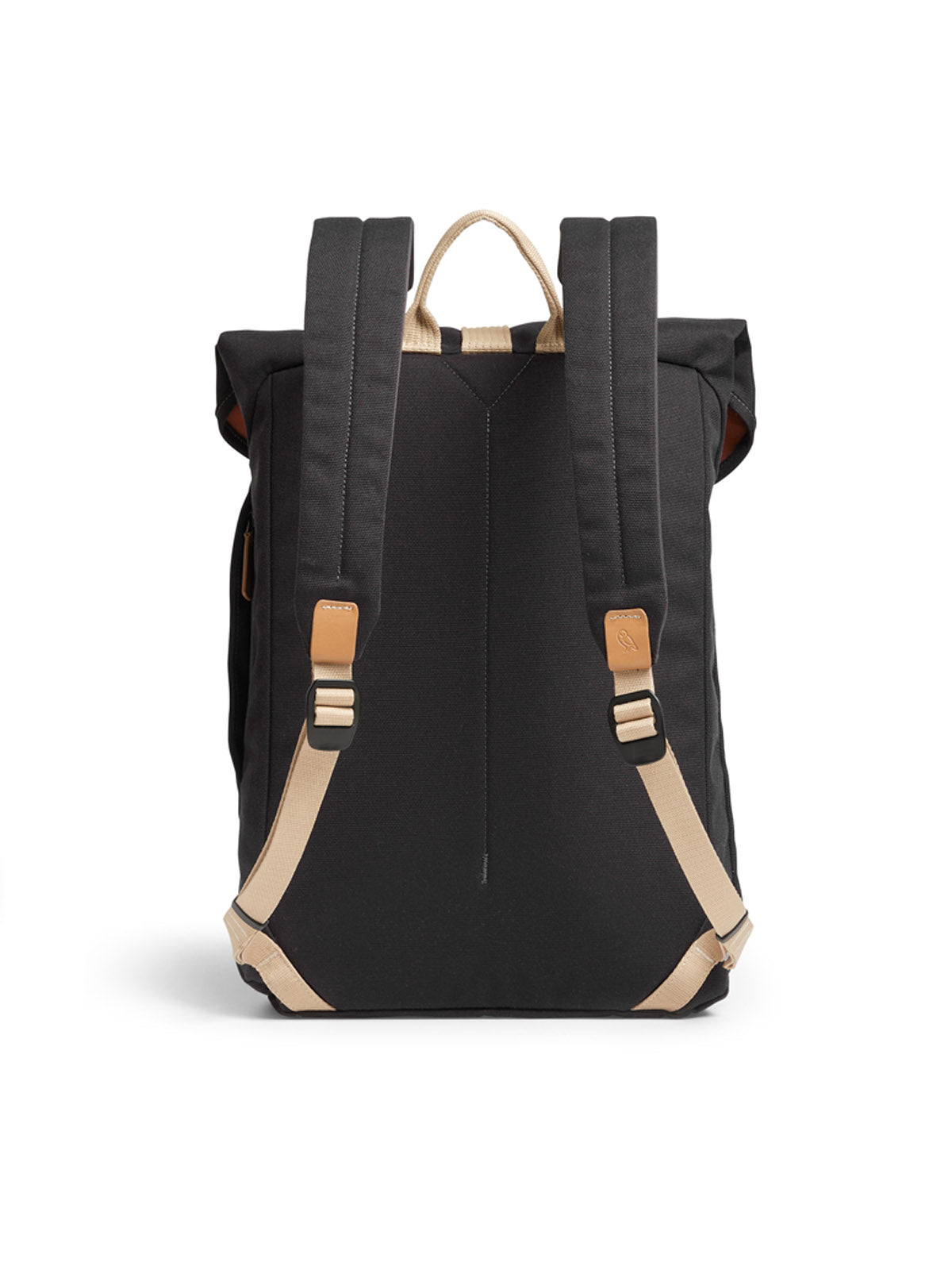 The Bellroy Oslo Backpack is a black minimalist bag with beige accents, shown from the back. It features padded shoulder straps, a top handle, and a roll-top closure in its modern, functional slim laptop design.