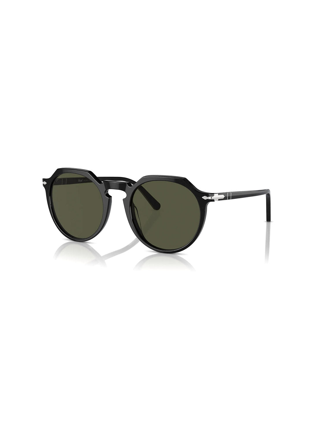 Product: Persol - PO3281 by Persol. Sleek black round sunglasses with green-tinted lenses against a white backdrop, featuring a minimalist design. Thin arms highlight metallic hinge accents, and the acetate frame evokes vintage elegance.