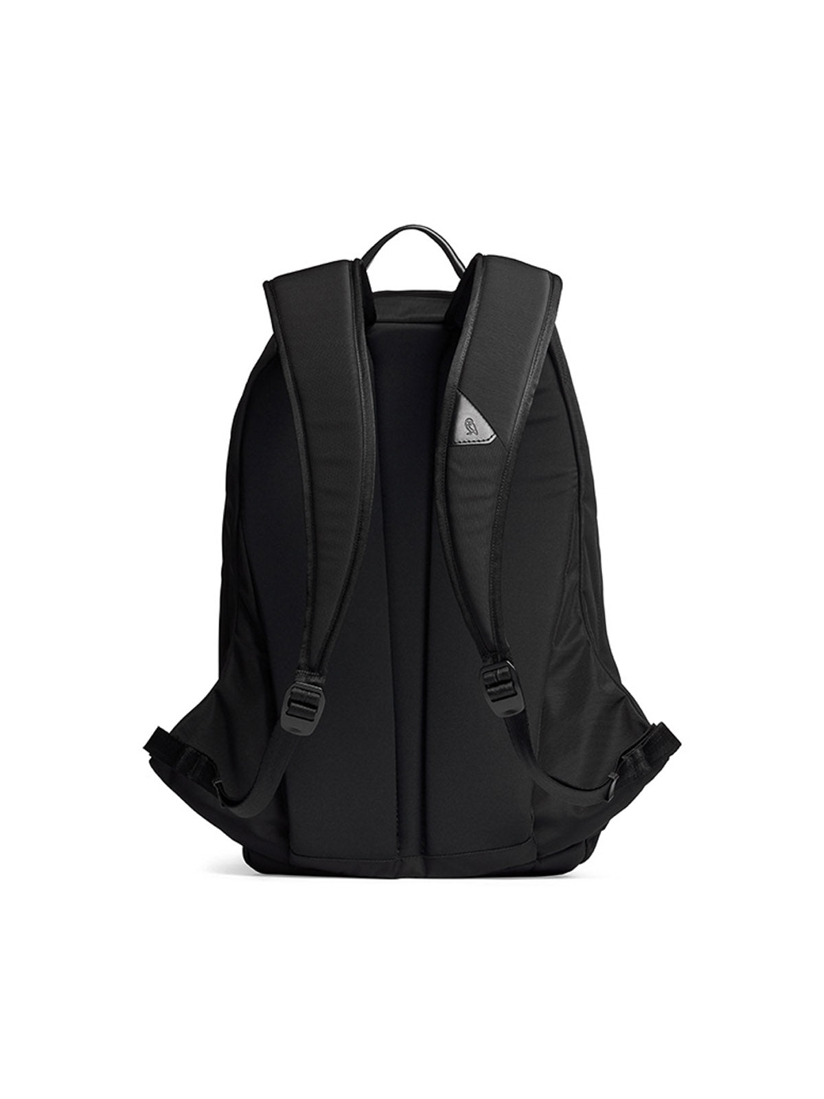 The Bellroy Classic Backpack - 20L, shown from the back against a white background, features a black, modern design with recycled materials, two padded shoulder straps, and a small top handle.