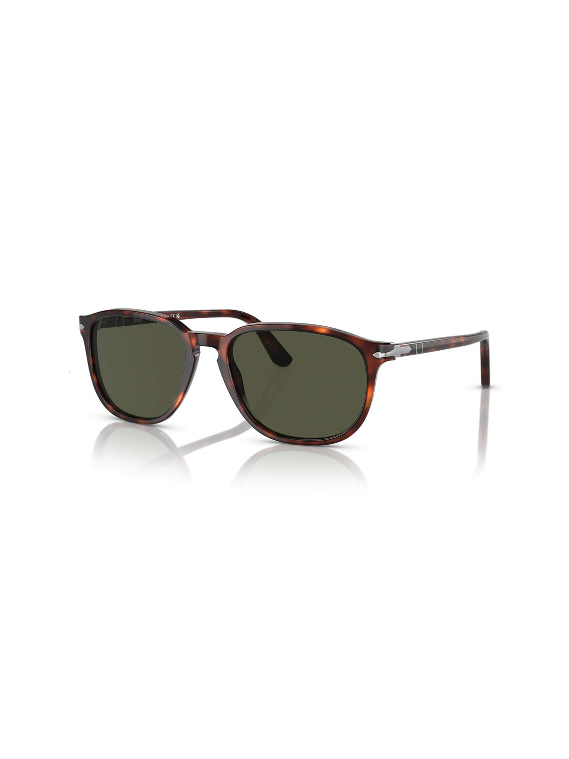 Persols PO3019 sunglasses feature a tortoiseshell frame with a square shape, green tinted lenses, and Crystal Lens Acetate Frame. The design includes metallic hinges, all showcased against a white backdrop.