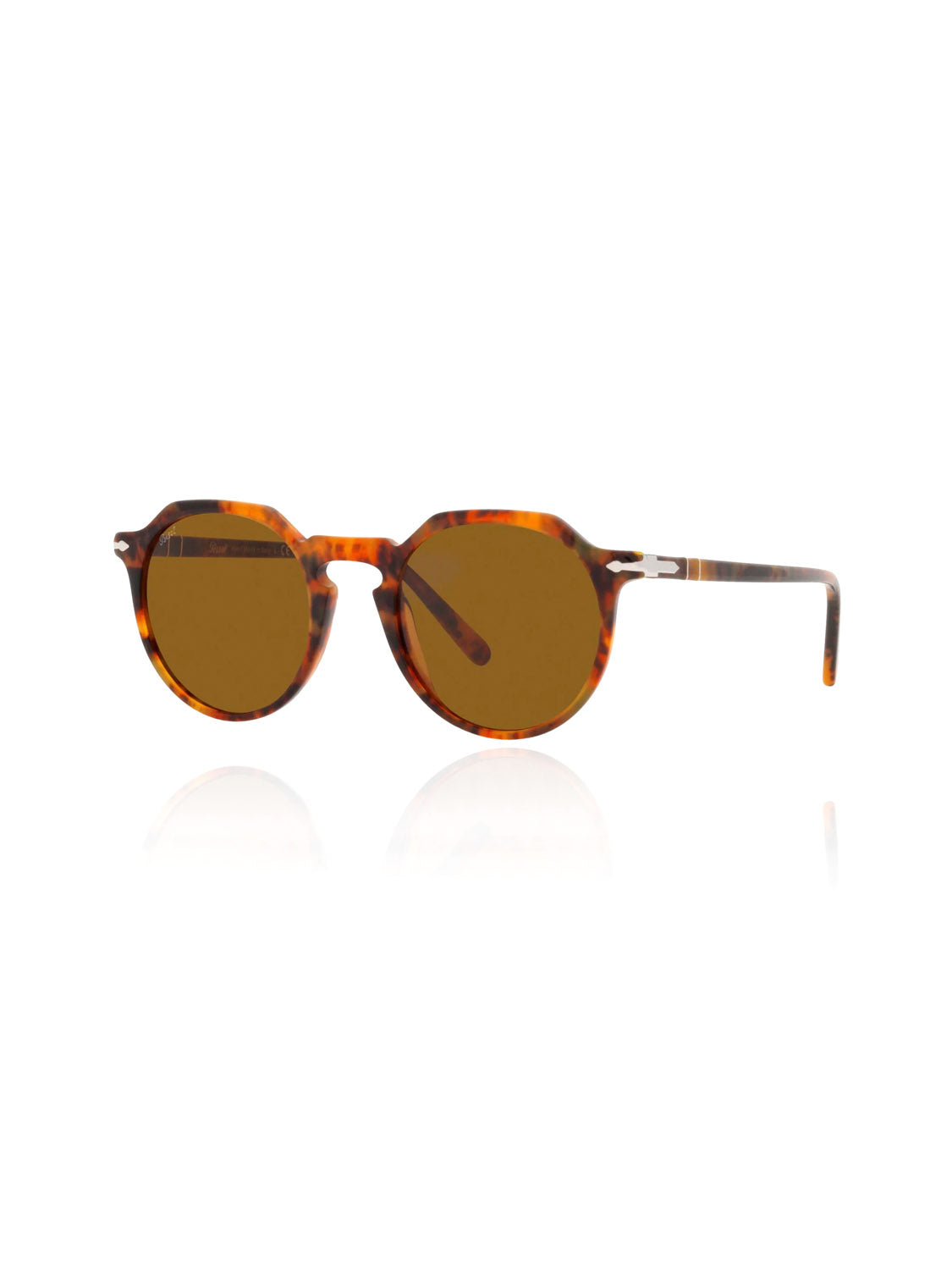 The Persol PO3281 tortoiseshell round sunglasses feature crystal lenses and thin temples in a classic vintage design, set on a white background.