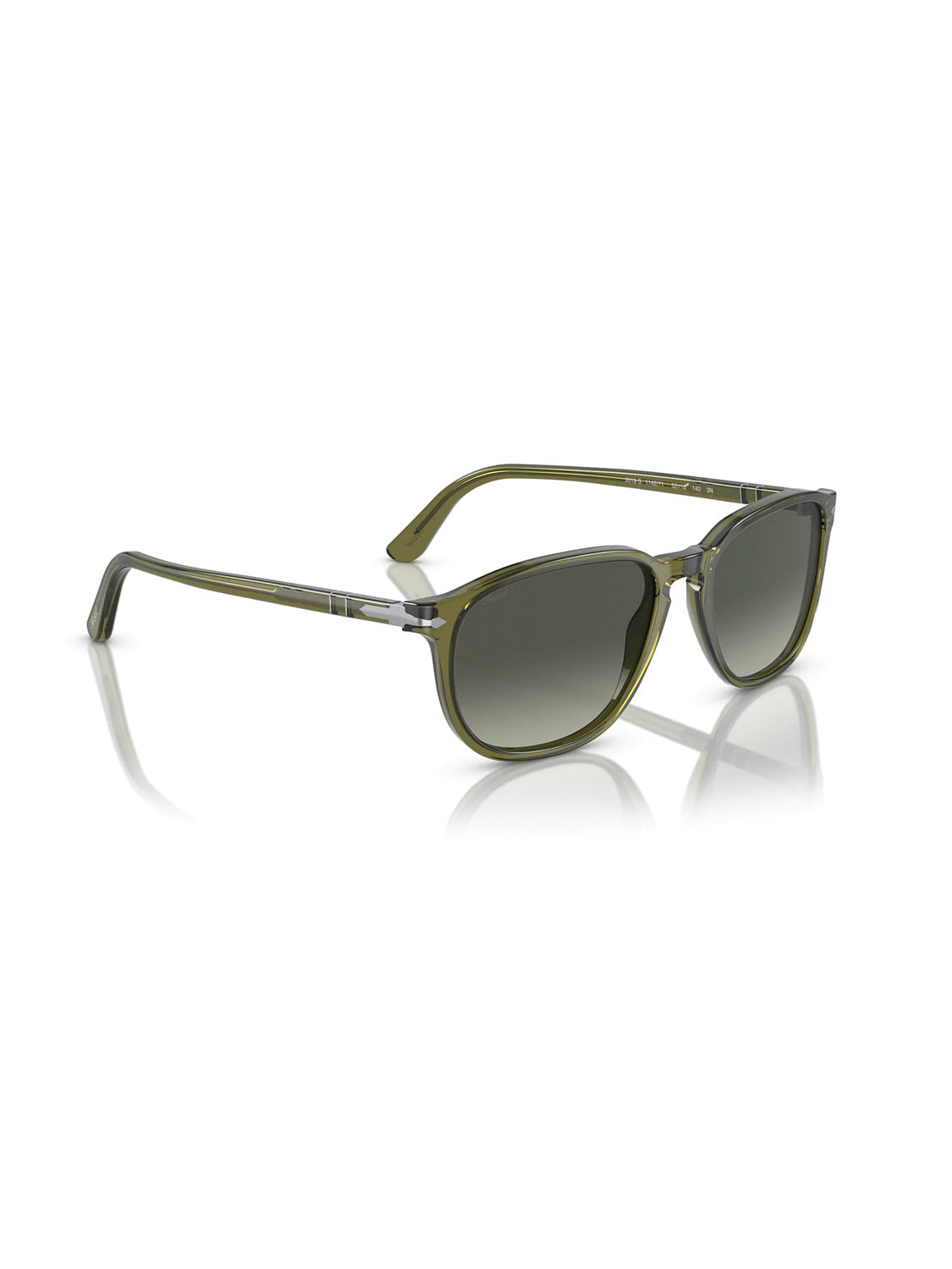 Persol - PO3019, green plastic sunglasses with Crystal Lens Acetate Frame and round frames, showcased at an angle on a reflective surface.