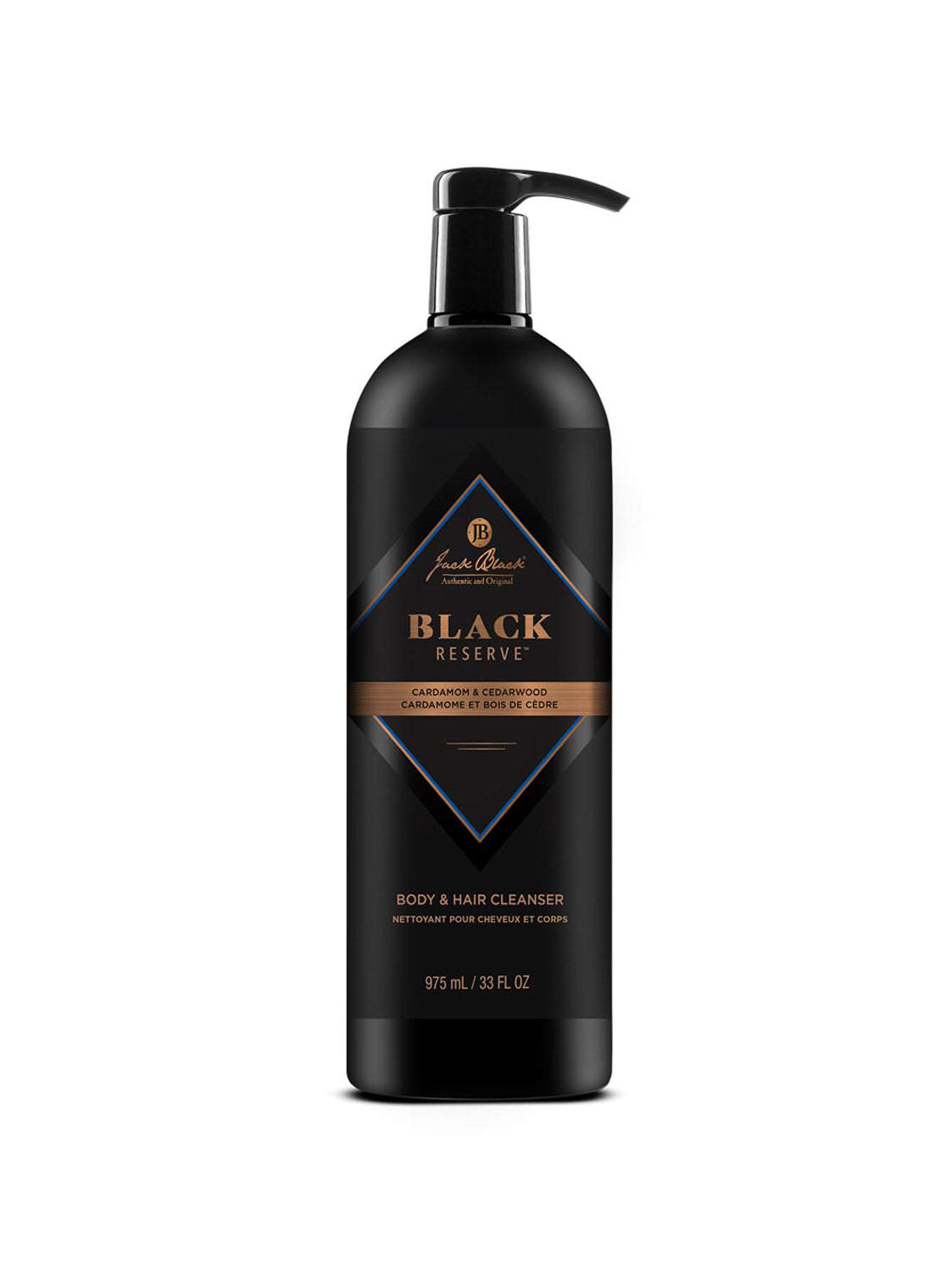 A 975 ml (33 fl oz) black pump bottle of Jack Black Body and Hair Cleanser, sulfate-free with cardamom and cedarwood, featuring gold and white text on a black label.