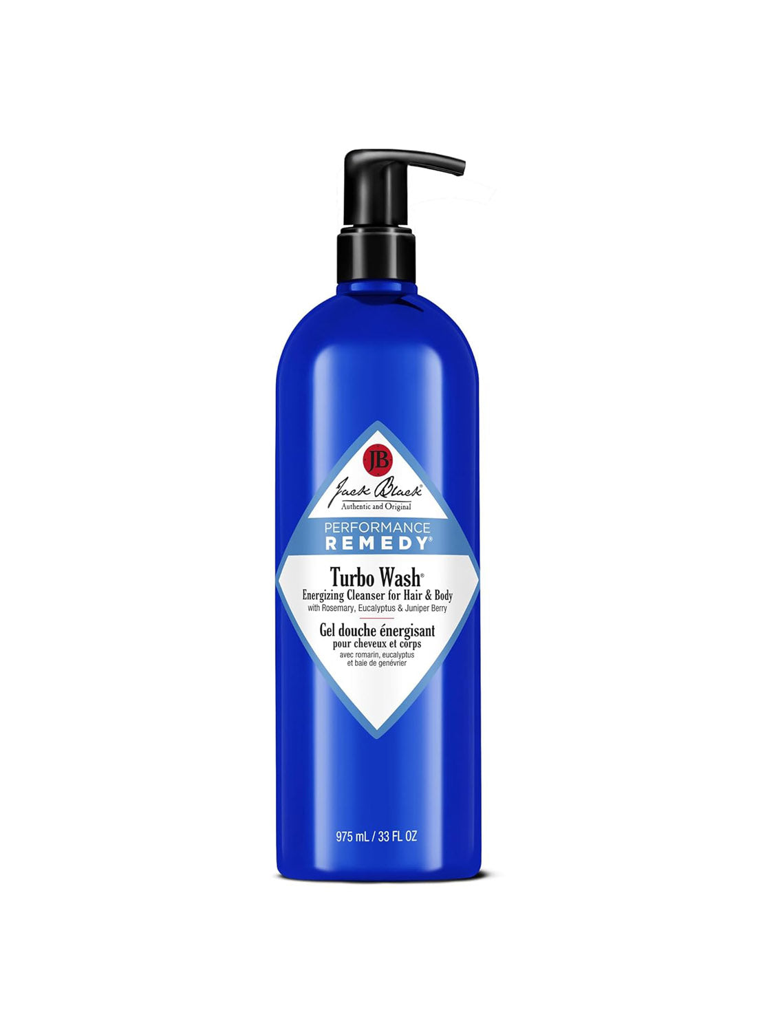 A blue bottle of Jack Black Body and Hair Cleanser with a black pump and white-blue label holds 33 fl oz (975 mL) of this sulfate-free formula with rosemary and eucalyptus.
