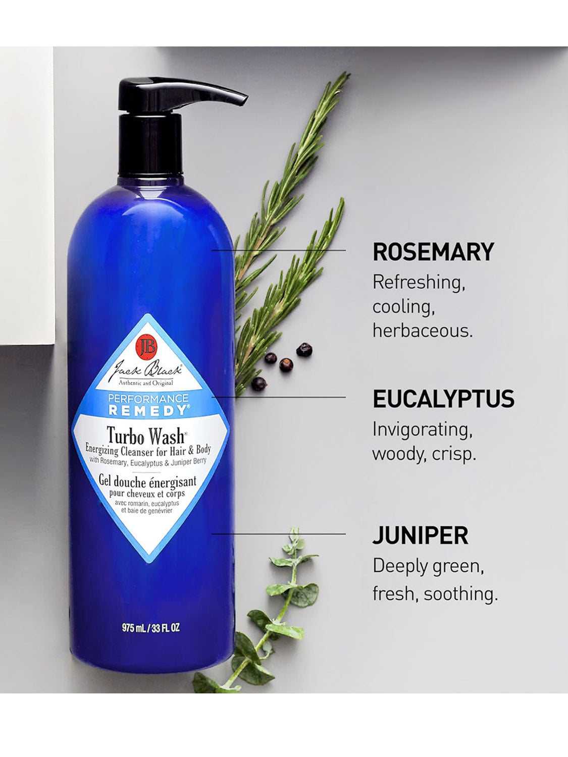 A blue bottle of Jack Black Body and Hair Cleanser sits beside rosemary, eucalyptus, and juniper berries, with text calling their scents refreshing, cooling, invigorating, woody, crisp, and deeply green.