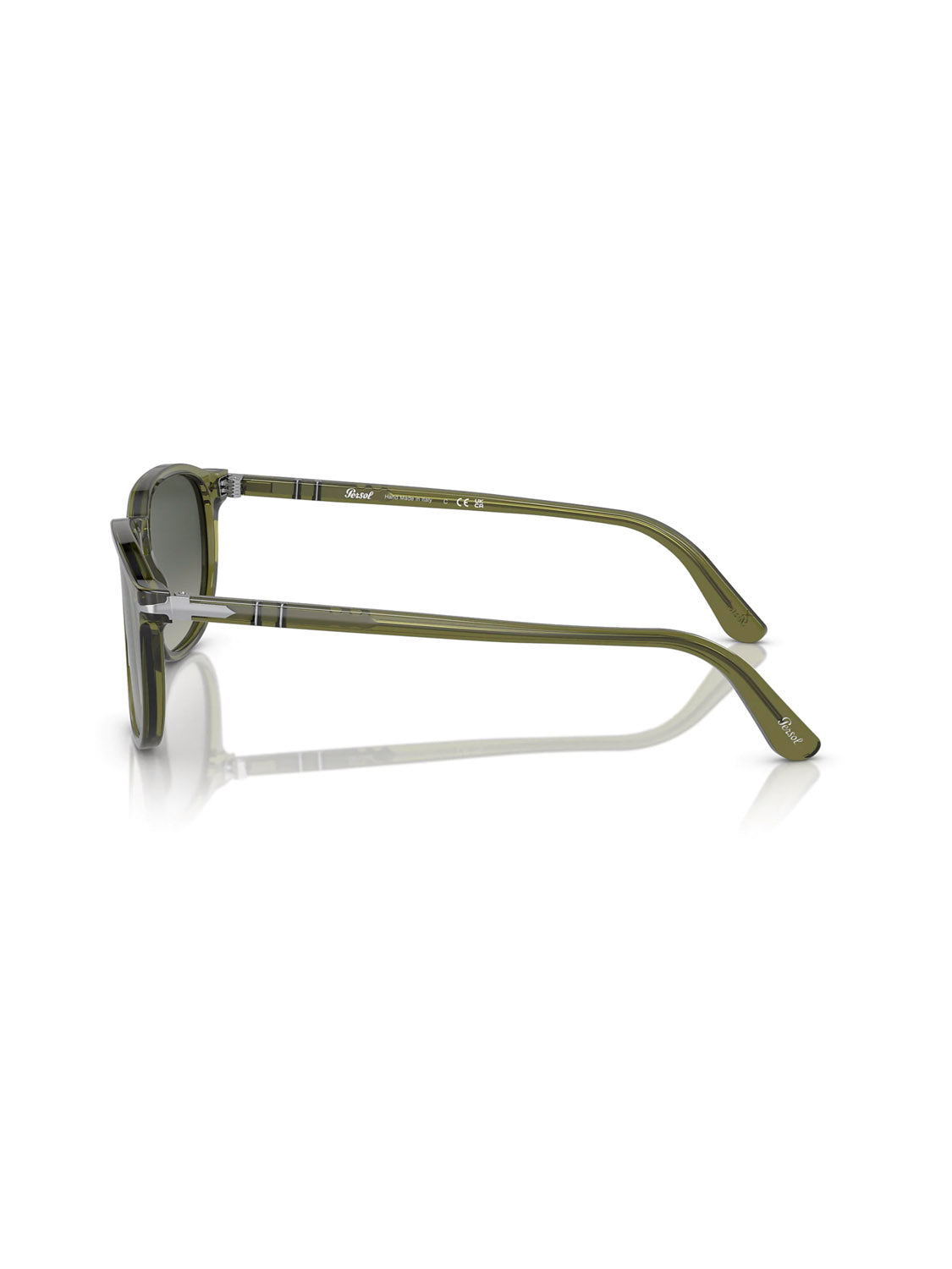 Side view of Persol - PO3019 green sunglasses featuring thin frames and arms with a square shape. Part of the Crystal Lens Acetate Frame collection, they have slightly tinted lenses and the Persol brand name on the arm, reflecting light on a white surface.