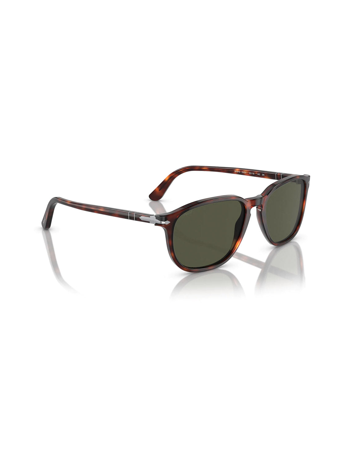 The Persol - PO3019 tortoiseshell sunglasses feature dark green lenses and classic square-shaped frames. Glossy finish with temple arms boasting subtle silver detailing, enhanced by the Meflecto system for comfort, displayed against a plain white background.
