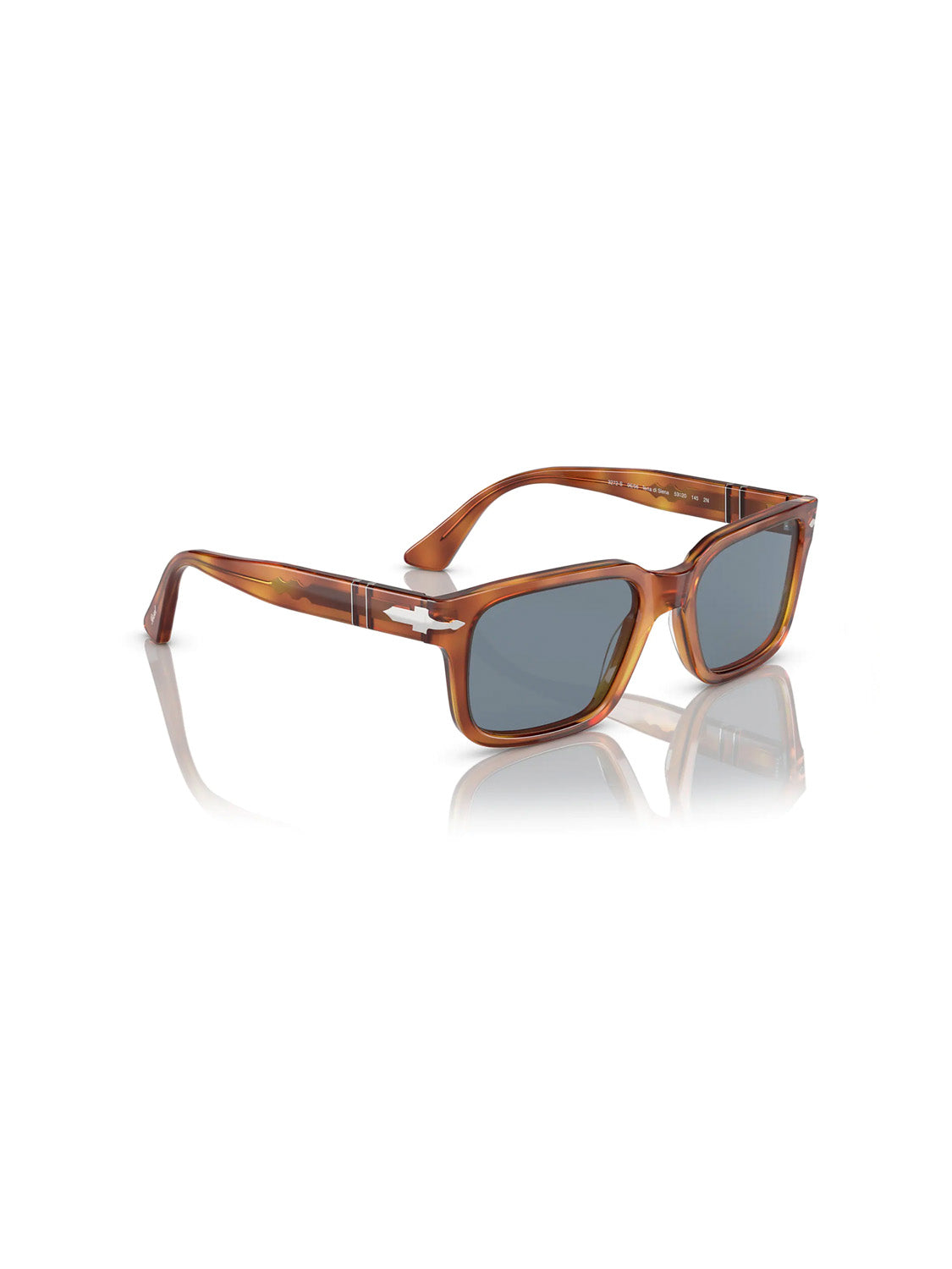 Persol PO3272 tortoiseshell rectangular sunglasses, boasting a D-frame design, dark lenses, and metallic hinge accents, are showcased at an angle on a reflective white surface.
