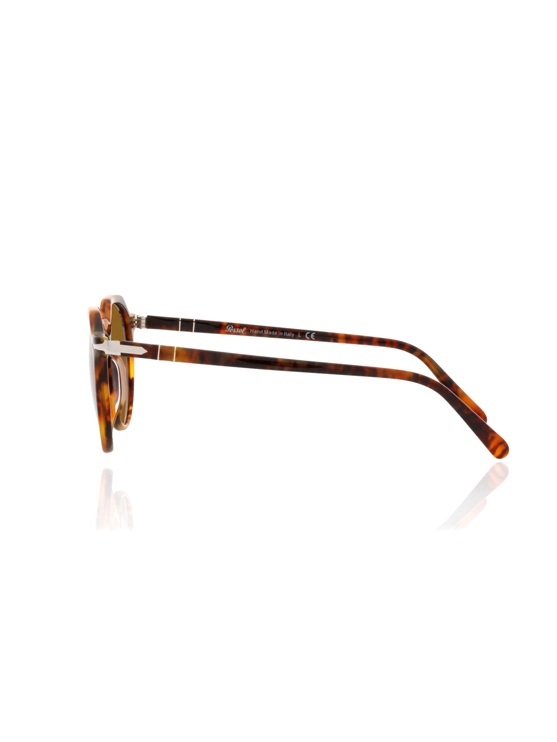 Side view of Persol - PO3281 tortoiseshell round eyeglasses with a classic vintage appeal, featuring brown speckled acetate frames and thin arms. Isolated on a white background, the reflective surface subtly mirrors their sleek design.