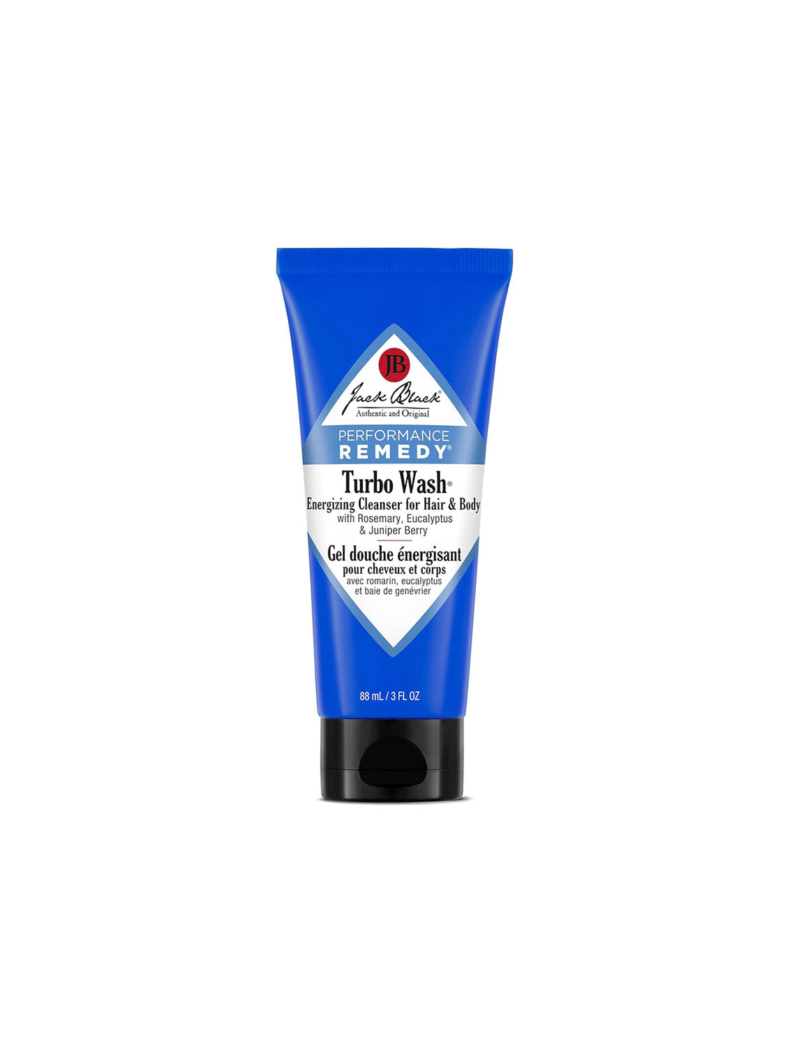 A blue tube of Jack Black Body and Hair Cleanser stands upright on a white background, labeled in English and French.