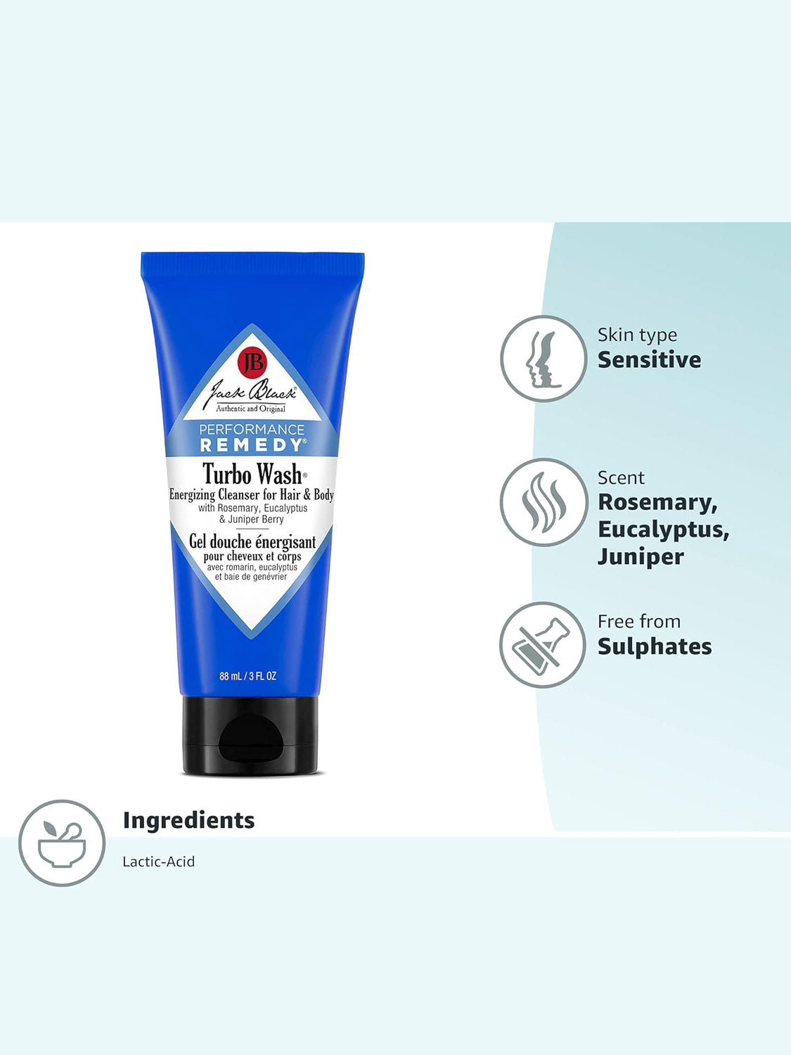 A blue tube of Jack Black Body and Hair Cleanser is shown. Icons highlight its suitability for sensitive skin, rosemary and eucalyptus scent, sulfate-free formula, and inclusion of lactic acid.