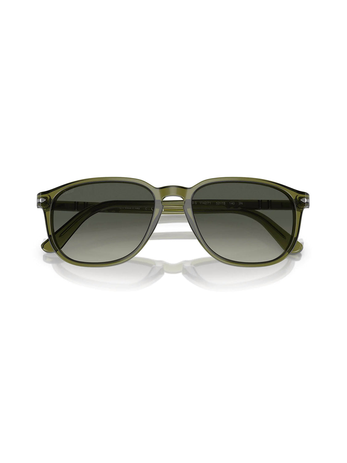 The Persol PO3019 sunglasses feature a sleek, square-shaped olive green design with a slightly translucent acetate frame and dark crystal lenses providing full UV protection. They are showcased facing forward on a white background.