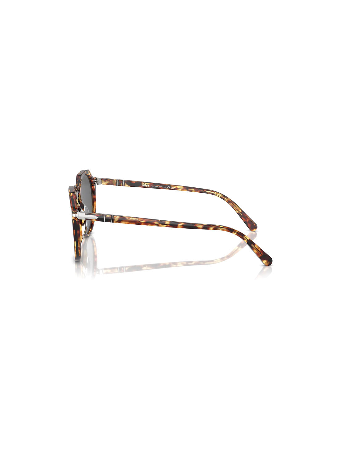 Side view of Persols PO3281 tortoiseshell glasses with round acetate frames featuring a brown and cream pattern, echoing vintage charm. Displayed on a plain white background, these classic designs highlight Persols timeless appeal.