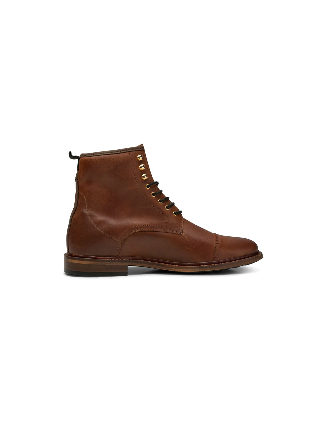 The Curtis Hand Crafted Lace-Up Leather Boot by Shoe The Bear is shown on a plain white background. It features a brown round toe, low heel, golden eyelets, and back pull tab, all made from LWG certified leather showcasing its quality and sustainability.