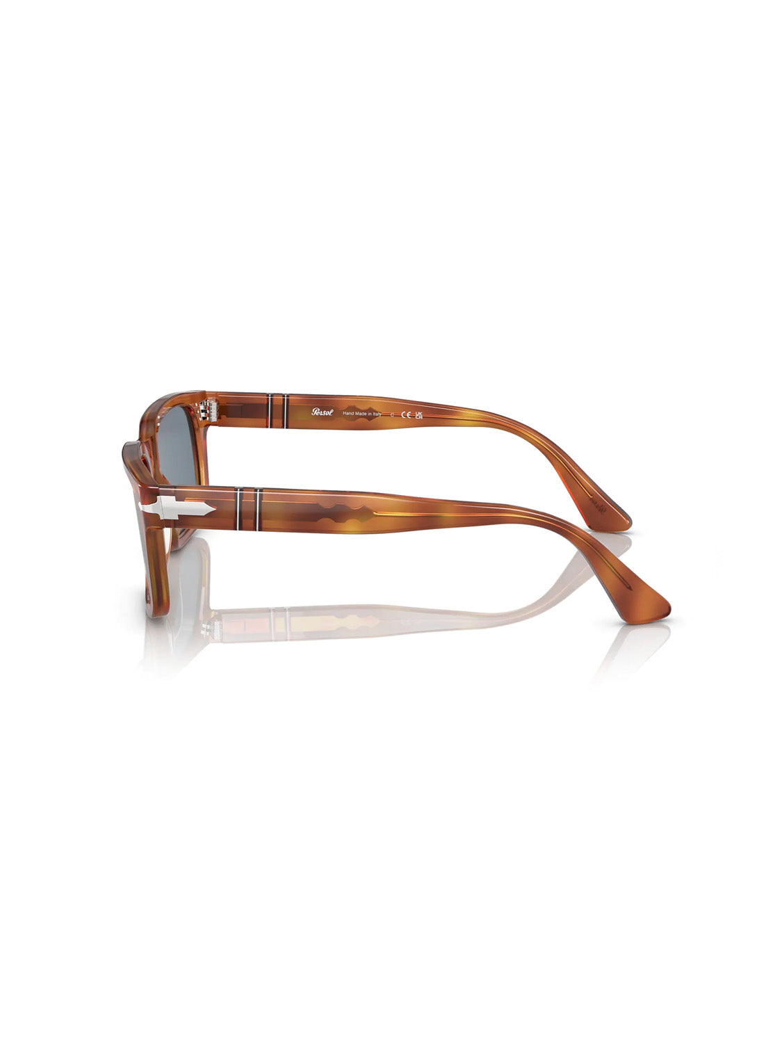 Side view of Persol - PO3272 sunglasses, featuring a brown tortoiseshell D-frame with tinted lenses and sleek, rounded arms. The eyewear is laid flat on a white surface to showcase their refined design.