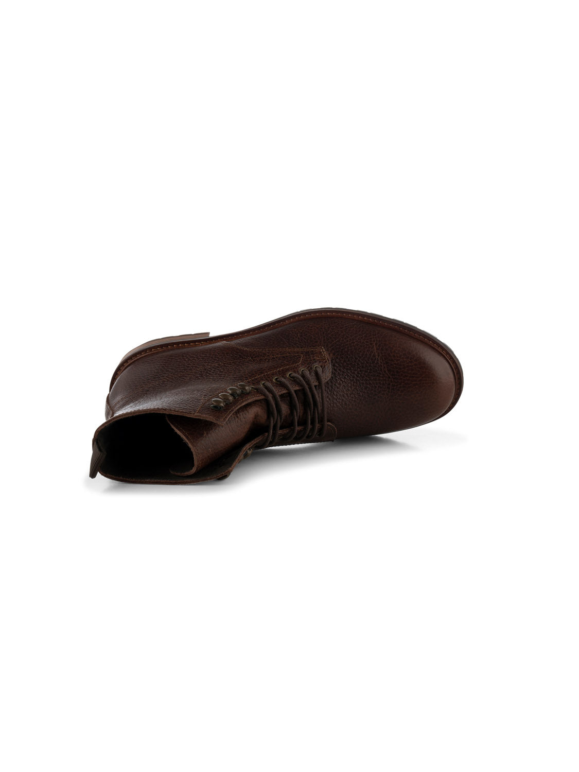 The York Lace Up Leather Boot by Shoe The Bear is displayed on its side against a white background, highlighting its textured surface and smooth sole. Crafted in Portugal using LWG-certified leather, it embodies exquisite craftsmanship.