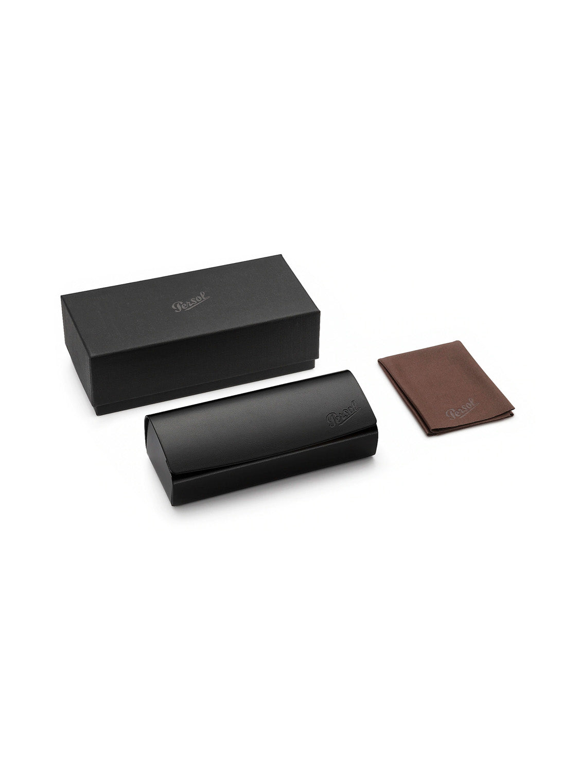 The Persol - PO3186 black rectangular box set includes a sleek black eyeglass case, a matching outer box, and a brown cleaning cloth. Showcasing the iconic Meflecto system, it ensures comfort and style with each wear of Persol sunglasses.