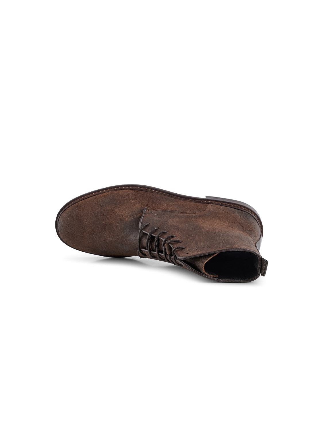 The Ned Suede Waxed Boot by Shoe The Bear, crafted in Portugal, is displayed on its side with upward-facing laces and a rear pull-tab. It showcases a smooth round toe and textured sole, set against a plain white background.