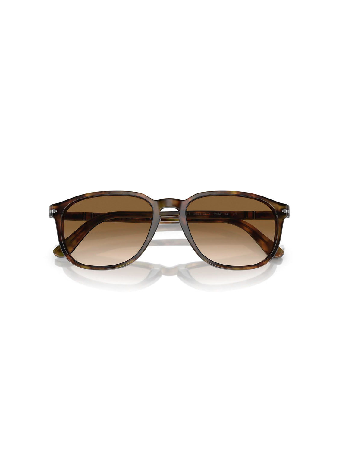 The Persol PO3019 sunglasses feature a dark brown tortoiseshell frame and square-shaped brown lenses with the innovative Meflecto system, elegantly displayed against a plain white background.