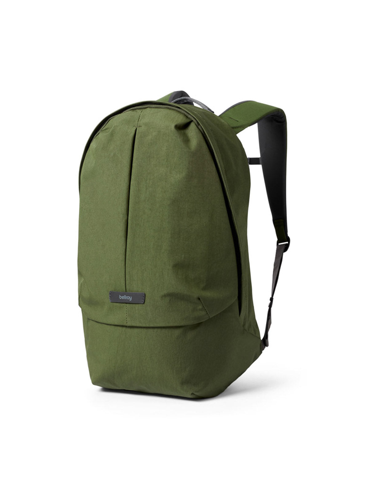 The Bellroy Classic Backpack Plus - 24L is a green, minimalist backpack made from water-resistant recycled fabric. It features a front seam, top handle, adjustable straps, black label, and dual compartments for daily organization.