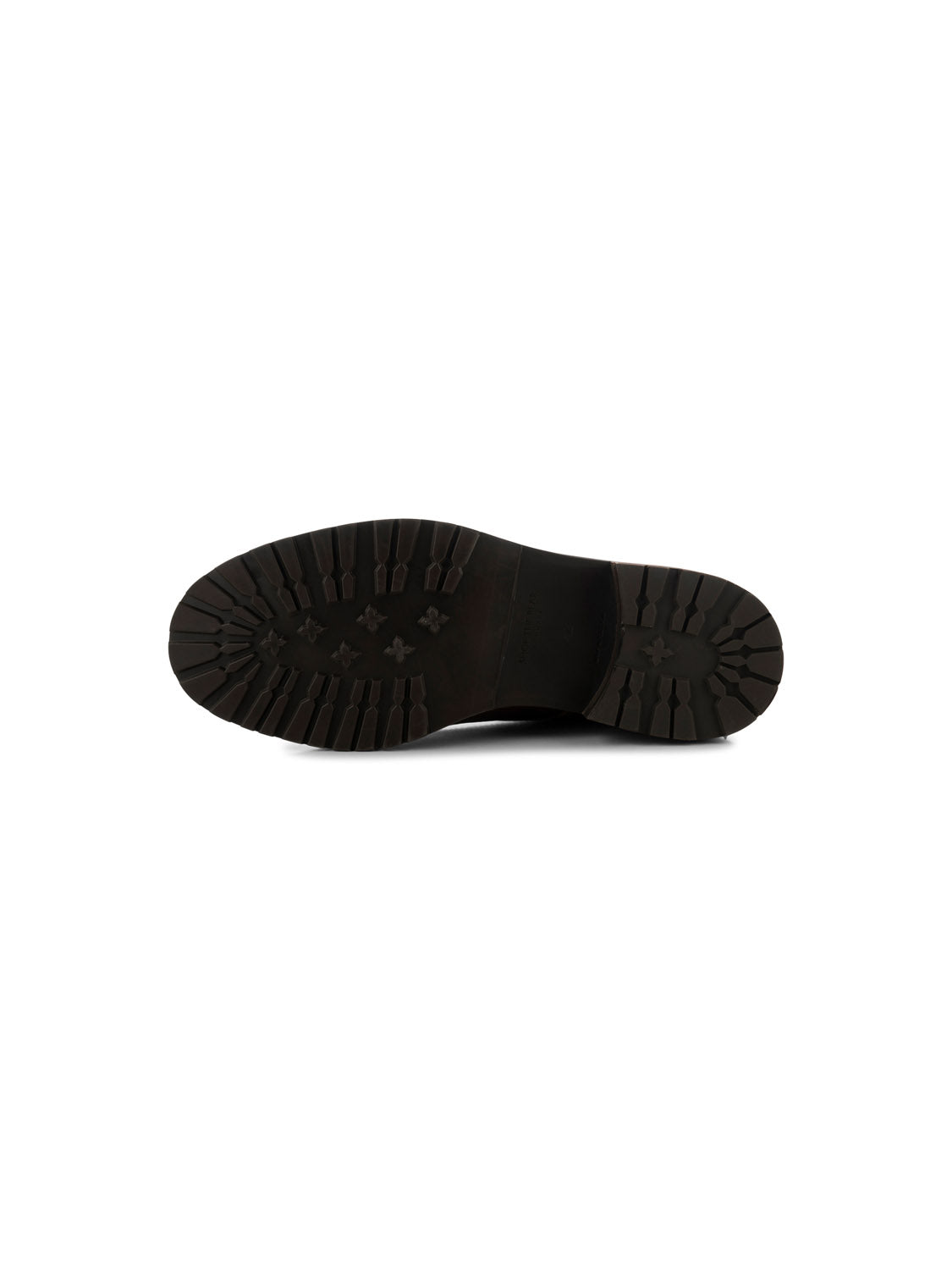 The image showcases the bottom view of the York Lace Up Leather Boot by Shoe The Bear, featuring a thick sole and rugged tread for grip and durability. Handcrafted in Portugal with LWG-certified leather, its ideal for casual or outdoor wear.