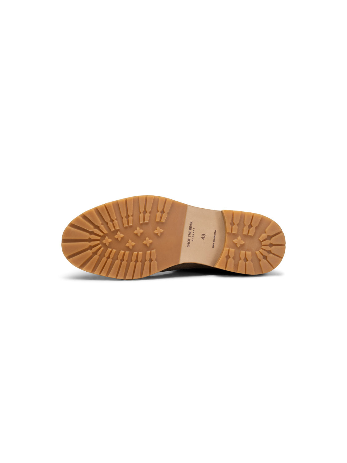 The image features the sole of the York Suede Lace Up Boot by Shoe The Bear, set against a plain white background. Its rugged tread and branding enhance traction and style, while the LWG-certified suede highlights sustainable craftsmanship.