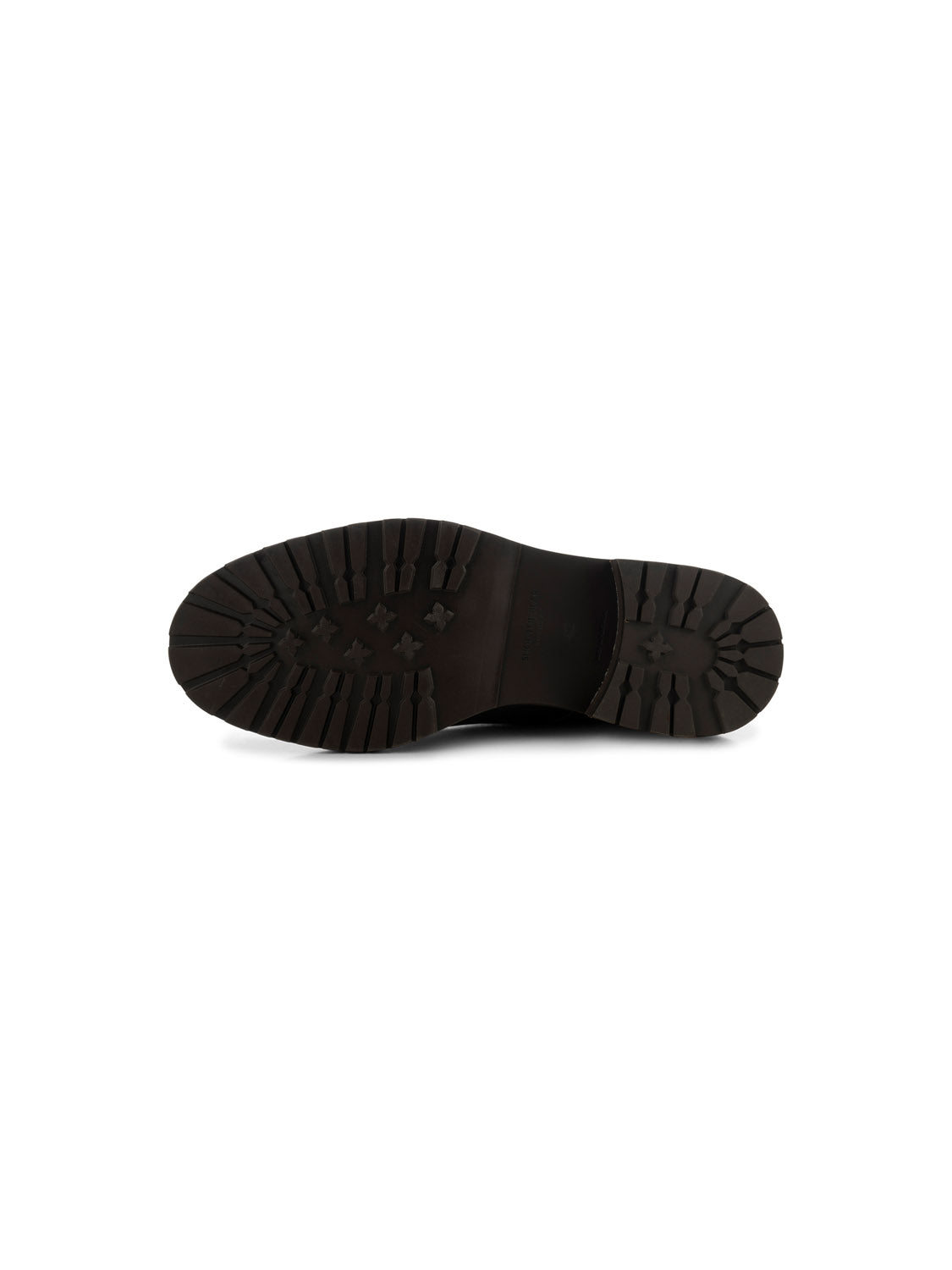 The image displays the sole of the York Lace Up Leather Boot from Shoe The Bear, made of black LWG-certified leather. It features a rugged, textured pattern with deep grooves and a slightly raised heel for improved grip and durability against a plain white background.