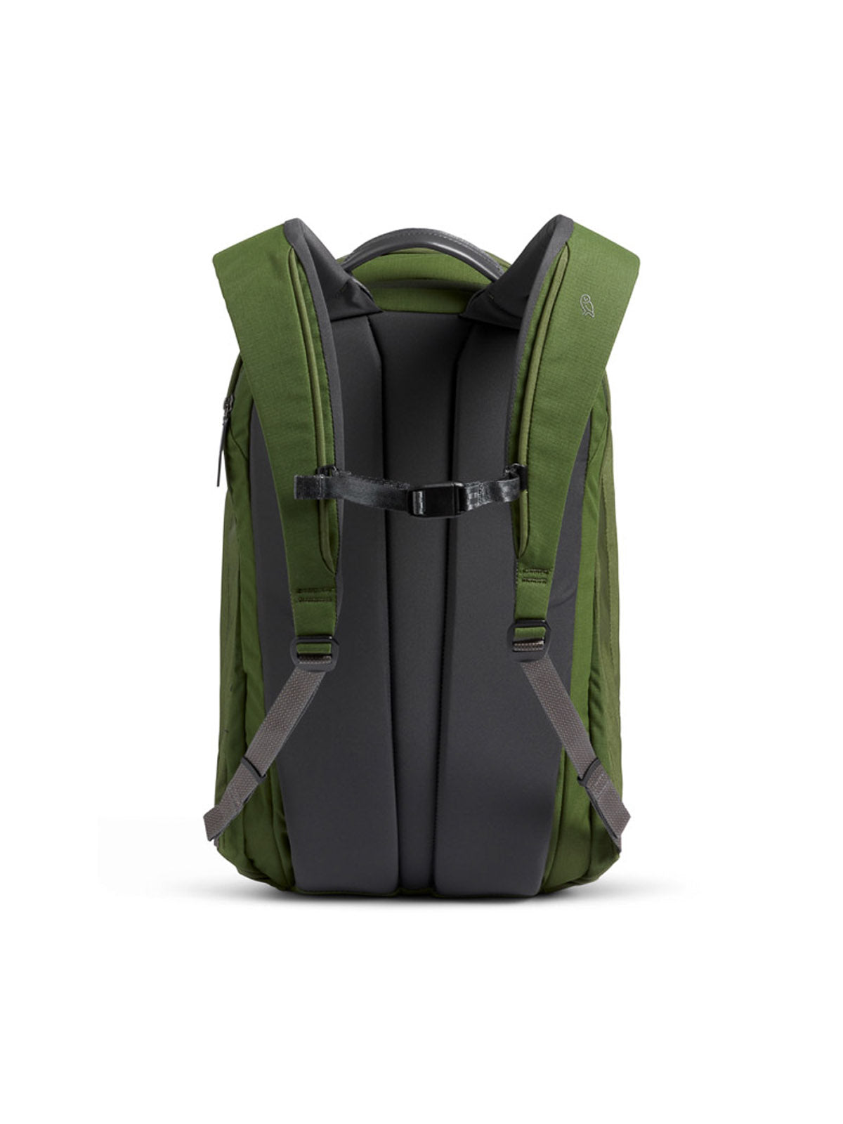 The Bellroy Classic Backpack Plus - 24L, shown from the back in green and black, features dual compartments, padded shoulder straps with a chest buckle, reinforced back padding for comfort, and is made from water-resistant recycled fabric.