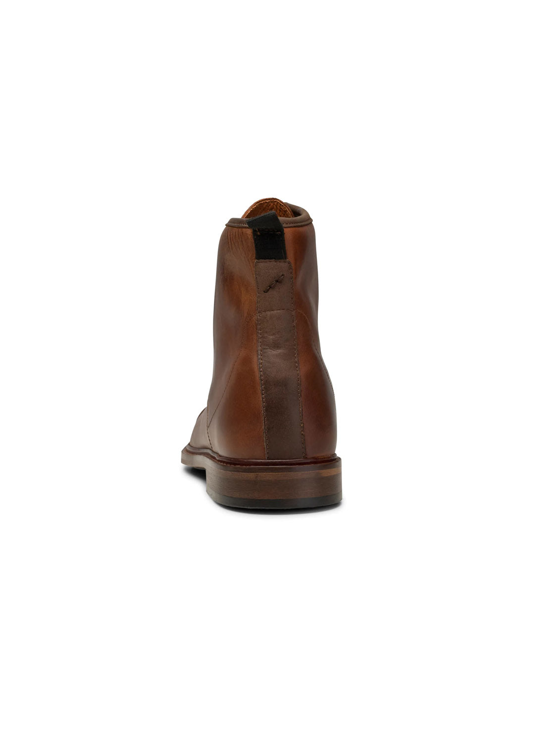 The Curtis Hand Crafted Lace-Up Leather Boots by Shoe The Bear, shown from the back, boast a smooth brown leather finish with a dark vertical heel strip and wooden sole, all set against a plain white backdrop. Handcrafted in Portugal, they feature a low heel.