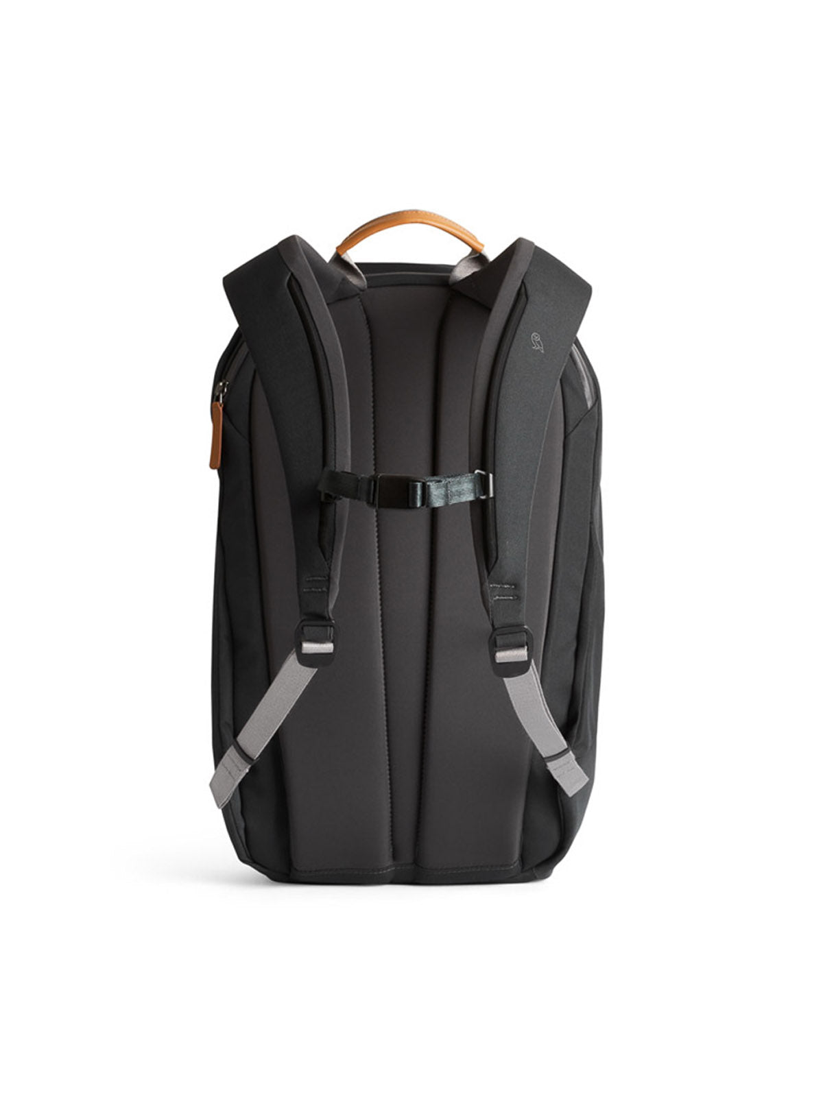 The Bellroy Classic Backpack Plus - 24L is shown from the back in sleek black, made with water-resistant recycled fabric. It features padded shoulder straps, a chest strap, a brown top handle, and minimal detailing for a modern look.