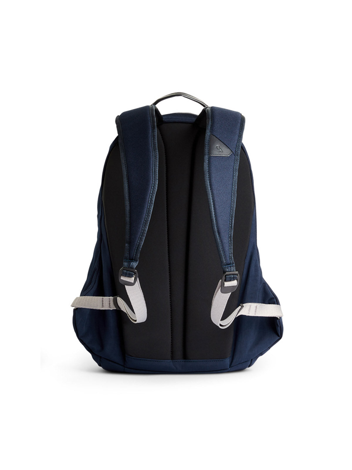 The Bellroy Classic Backpack - 20L is shown from the back in navy blue and black, featuring padded shoulder straps, a top handle, and white side adjustment straps.