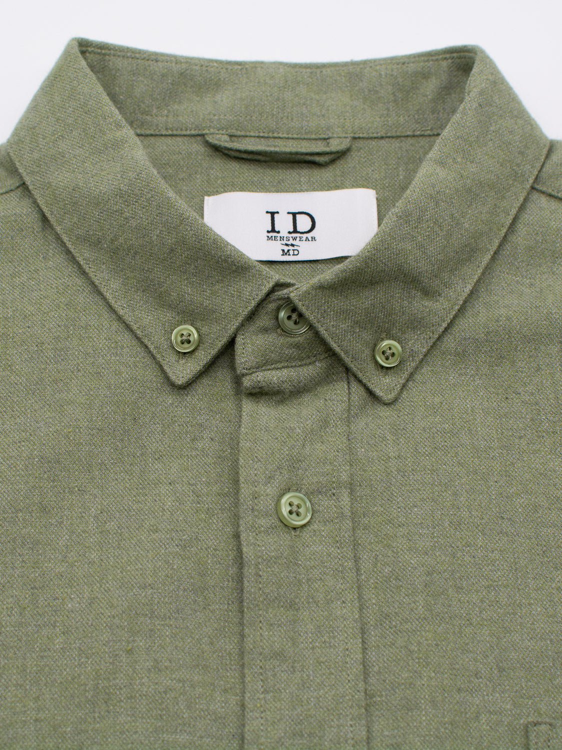 Close-up of the Max Brushed Flannel Shirt in olive green, featuring a folded collar with button details. Made from 100% cotton, this ID Menswear MD classic offers timeless style and comfort with its textured appearance.