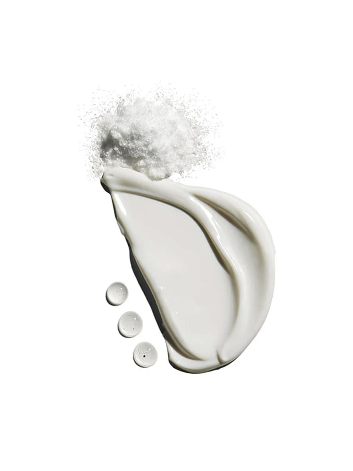 A smear of Jack Black Dual Defense™ Face Moisturizer 2 Oz, a heap of white powder, and three small drops are arranged artistically on a plain white background.