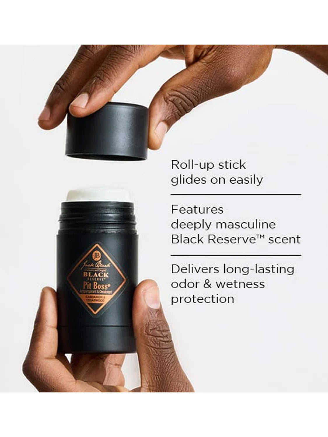 A person opens a Jack Black Black Reserve™ Pit Boss® Antiperspirant & Deodorant stick, featuring a roll-up design, masculine Black Reserve™ scent, and long-lasting odor and wetness protection for men.