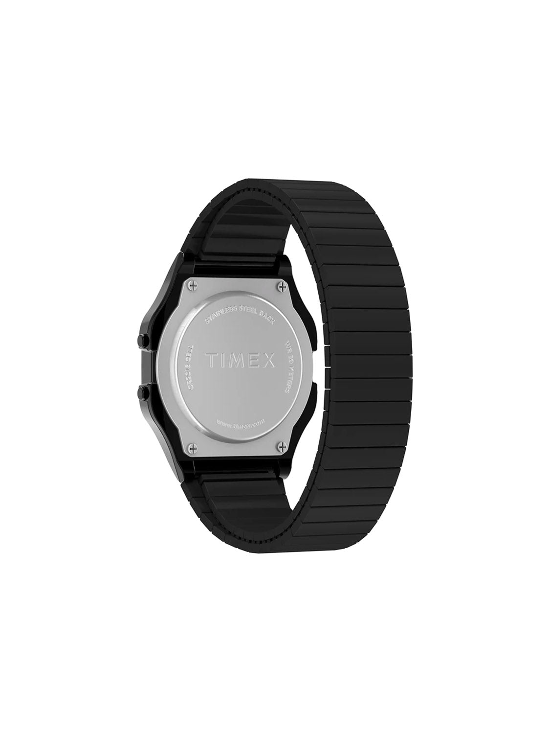 The back view of the Timex T80 34mm shows a digital watch with a black strap. Its round metal case features a retro design, highlighting the Timex brand, water resistance, and durable stainless steel build.