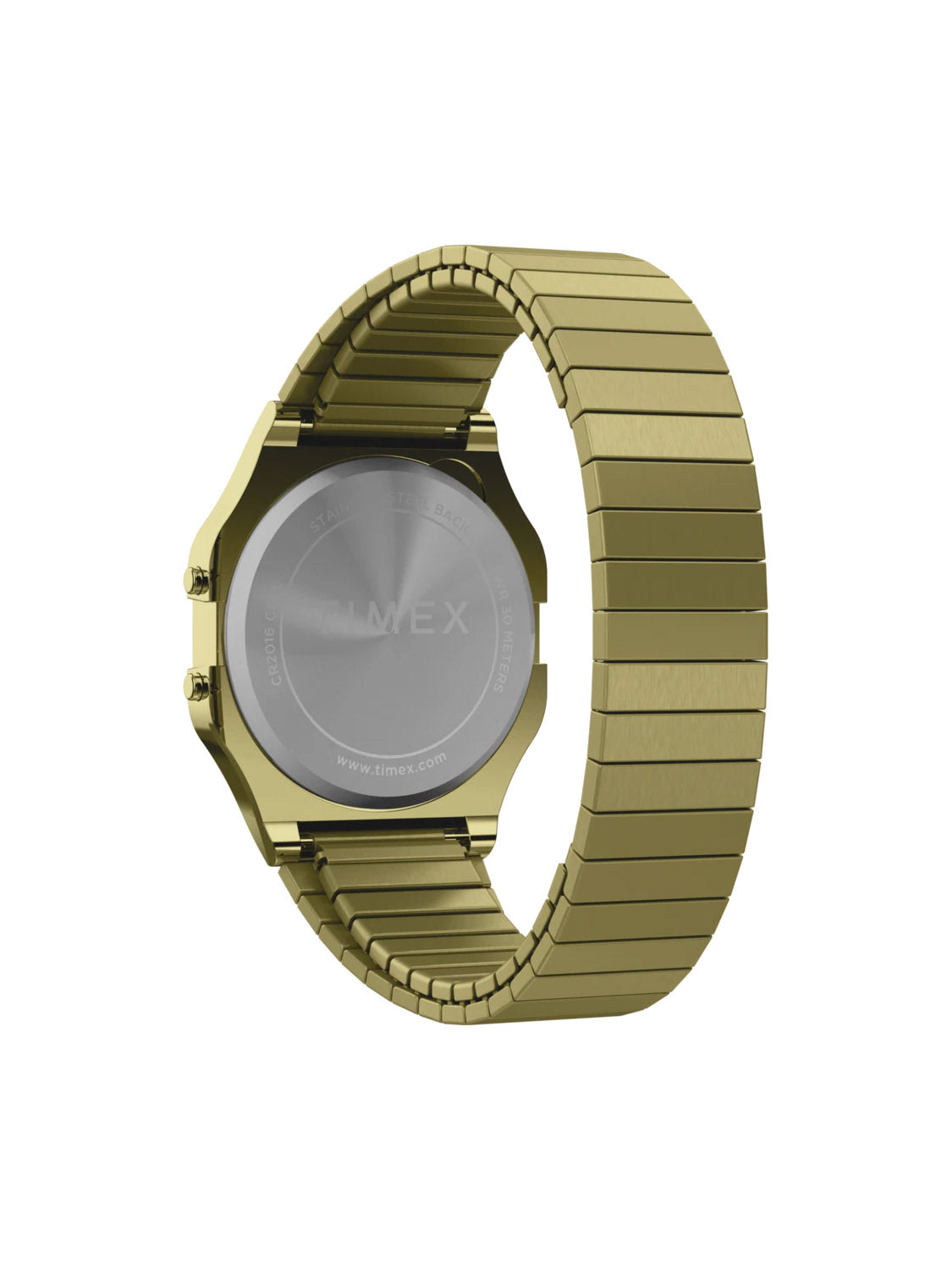The Timex T80 34mm watch features a gold-tone retro design with a stainless steel back, segmented bracelet, and digital elegance. Its polished finish merges classic style and modern flair.