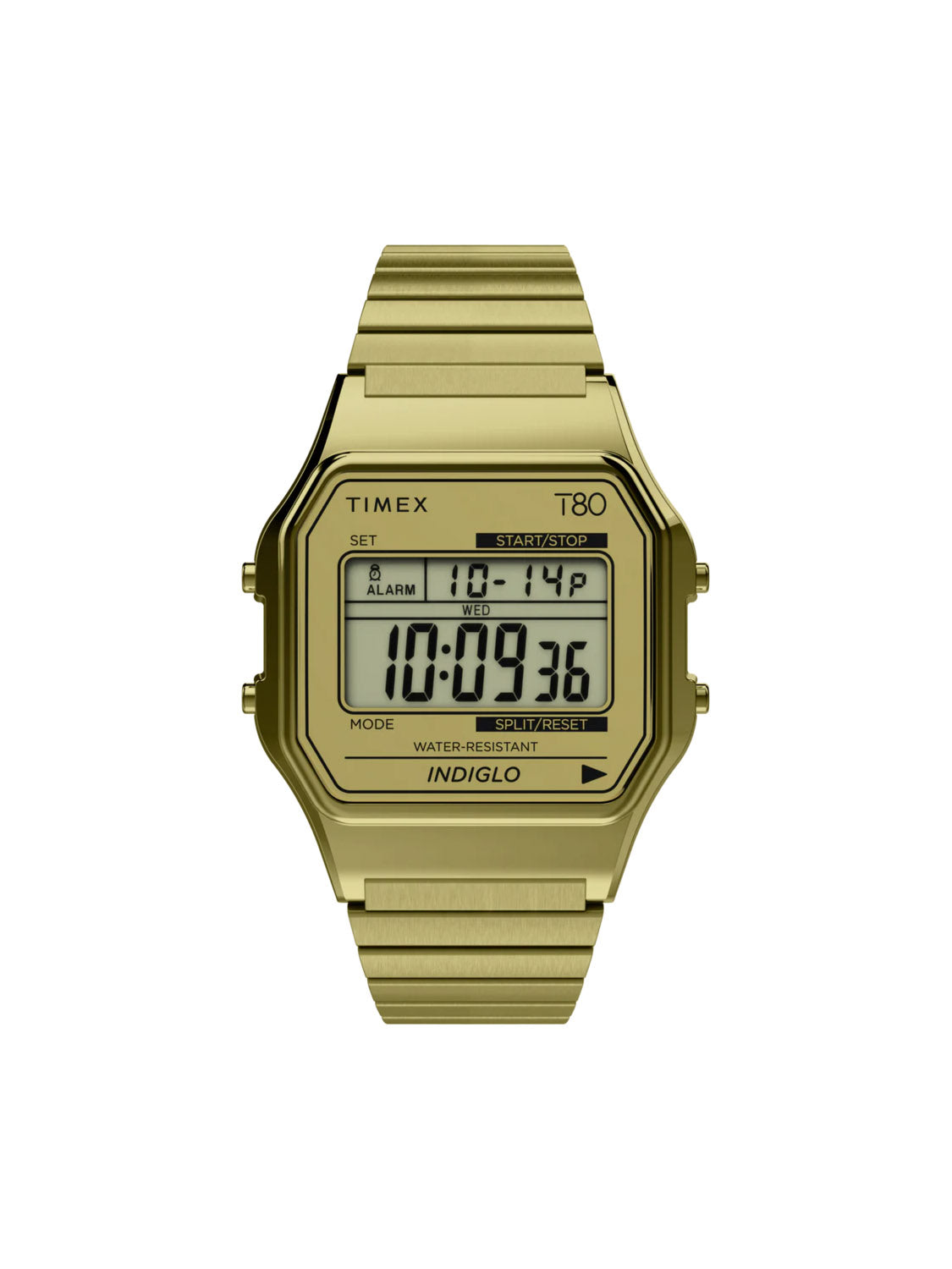 The Timex T80 34mm Stainless Steel Expansion Band Watch, a digital gold-tone piece with a retro square face, shows 10:09:36. It features water resistance, Indiglo illumination, and belongs to the classic line of Timex digital watches.