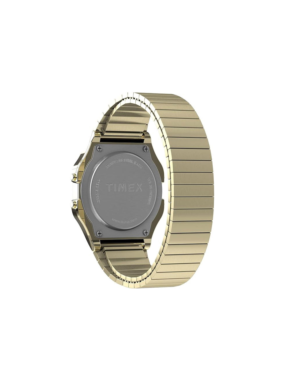 A gold-tone Timex T80 34mm watch with a stainless steel case and expansion band is shown from the back, displaying the Timex logo and model details engraved on its case back.